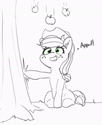 Size: 2017x2471 | Tagged: safe, artist:pabbley, character:applejack, species:earth pony, species:pony, apple, apple tree, applejack's hat, appul, clothing, cowboy hat, cute, ear fluff, falling, female, food, freckles, hat, jackabetes, looking up, mare, monochrome, neo noir, open mouth, partial color, silly, silly pony, sitting, smiling, solo, that pony sure does love apples, tree, who's a silly pony