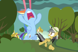 Size: 1350x900 | Tagged: safe, artist:dm29, character:daring do, character:rainbow dash, species:pegasus, species:pony, adventurer, eye beams, giant pony, hooves up, macro, optic blast, ponyville, running, running away, shocked expression, smoke