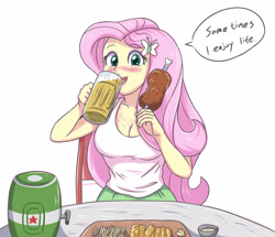 Size: 2055x1771 | Tagged: safe, artist:sumin6301, character:fluttershy, my little pony:equestria girls, alcohol, beer, blushing, breasts, busty fluttershy, dialogue, drinking, eating, female, food, heineken, looking at you, meat, solo, speech bubble, table, tray