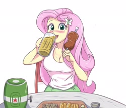 Size: 2055x1771 | Tagged: safe, artist:sumin6301, edit, character:fluttershy, my little pony:equestria girls, alcohol, beer, blushing, breasts, busty fluttershy, cleavage, drinking, eating, female, food, heineken, looking at you, meat, solo, table, tray