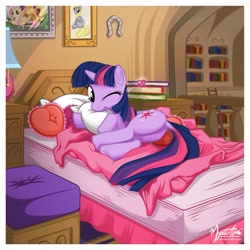 Size: 1040x1040 | Tagged: safe, artist:mysticalpha, character:applejack, character:derpy hooves, character:fluttershy, character:twilight sparkle, species:pegasus, species:pony, species:unicorn, bed, bedroom, book, cute, dock, female, golden oaks library, heart, horseshoes, looking at you, looking back, mare, on side, one eye closed, pillow, plot, solo, twiabetes, wink