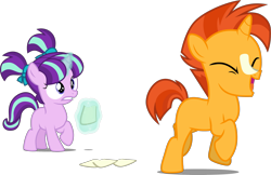 Size: 3316x2144 | Tagged: safe, artist:cloudyglow, artist:davidsfire, edit, editor:slayerbvc, character:starlight glimmer, character:sunburst, species:pony, species:unicorn, colt, colt sunburst, female, filly, filly starlight glimmer, happy, magic, male, pigtails, shocked, simple background, sockless sunburst, socks (coat marking), streaking, transparent background, vector, vector edit, younger