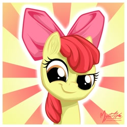 Size: 720x720 | Tagged: safe, artist:mysticalpha, character:apple bloom, species:earth pony, species:pony, abstract background, female, filly, looking at you, smiling, smirk, solo, sunburst background
