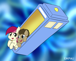 Size: 1000x800 | Tagged: safe, artist:empyu, character:doctor whooves, character:roseluck, character:time turner, species:pony, doctor who, female, male, mare, smiling, stallion, tardis