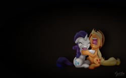 Size: 1680x1050 | Tagged: safe, artist:mysticalpha, character:applejack, character:rarity, species:earth pony, species:pony, species:unicorn, duo, duo female, eyes closed, female, floppy ears, hug, mare, scared, simple background, sitting, wallpaper