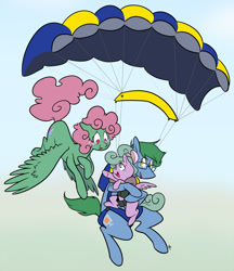 Size: 934x1080 | Tagged: safe, artist:egophiliac, oc, oc only, oc:software patch, oc:windcatcher, species:earth pony, species:pegasus, species:pony, commission, female, filly, parachute
