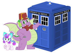 Size: 6976x5116 | Tagged: safe, artist:aleximusprime, artist:caliazian, artist:captainbritish, artist:disneymarvel96, artist:thesharp0ne, edit, character:princess flurry heart, character:spike, species:dragon, bow tie, bowties are cool, clothing, doctor who, fat, fat spike, fez, filly flurry heart, hat, older, older flurry heart, older spike, sonic screwdriver, tardis, vector, vector edit, winged spike