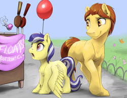 Size: 1650x1275 | Tagged: safe, artist:silfoe, oc, oc only, oc:cinnamon, oc:fireball, species:earth pony, species:pegasus, species:pony, balloon, commission, drool, father and daughter, female, food, ice cream, male