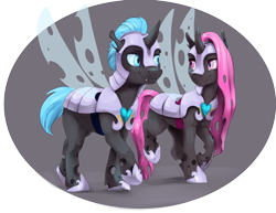Size: 1320x1020 | Tagged: safe, artist:silfoe, oc, oc only, oc:aconite, oc:duplicitous, species:changeling, armor, blue changeling, changeling oc, commission, duo, hoof shoes, pink changeling, simple background, transparent background