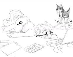 Size: 1280x1006 | Tagged: safe, artist:silfoe, oc, oc only, oc:silfoe, species:dog, species:earth pony, species:pony, book, box, clothing, computer, computer mouse, cute, female, glasses, grayscale, laptop computer, mare, monochrome, prone, scissors, shirt, simple background, solo, white background