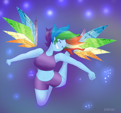 Size: 1000x933 | Tagged: safe, artist:empyu, character:rainbow dash, species:human, my little pony:equestria girls, armpits, barefoot, breasts, busty rainbow dash, clothing, eyes closed, feet, female, glass wings, midriff, shorts, smiling, solo, sports bra