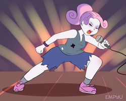 Size: 1000x800 | Tagged: safe, artist:empyu, character:sweetie belle, my little pony:equestria girls, 30 minute art challenge, clothing, eyes closed, female, microphone, open mouth, screaming, shorts, solo, spiked wristband, tank top, wristband