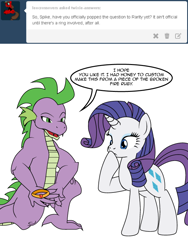 Size: 600x800 | Tagged: safe, artist:dekomaru, character:rarity, character:spike, species:dragon, species:pony, species:unicorn, ship:sparity, tumblr:ask twixie, ask, ask twixie 3.0, female, male, mare, shipping, straight, tumblr