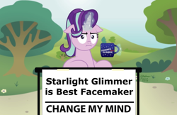 Size: 1024x662 | Tagged: safe, artist:aleximusprime, edit, character:starlight glimmer, species:pony, species:unicorn, episode:marks for effort, g4, my little pony: friendship is magic, :i, change my mind, coffee mug, crossing the memes, exploitable meme, female, floppy ears, i mean i see, looking at you, magic, mare, meme, mug, obligatory pony, solo, starlight glimmer is best facemaker, steven crowder, telekinesis, tree