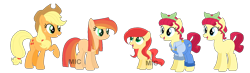 Size: 1600x469 | Tagged: safe, artist:mic-draws, artist:selenaede, artist:strawberry-spritz, base used, character:applejack, character:torque wrench, oc, oc:rosie, oc:strawberry, parent:applejack, parent:torque wrench, parents:apple wrench, species:earth pony, species:pony, friendship is magic: rainbow roadtrip, g4, my little pony: friendship is magic, apple wrench, blank flank, clothing, female, filly, freckles, lesbian, magical lesbian spawn, mare, offspring, open mouth, overalls, rainbowverse, raised hoof, shipping, shirt, simple background, transparent background