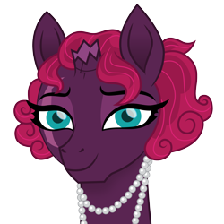 Size: 3000x3000 | Tagged: safe, artist:cloudyglow, character:fizzlepop berrytwist, character:tempest shadow, species:pony, alternate hairstyle, broken horn, female, horn, jewelry, mare, necklace, pearl necklace, simple background, smiling, solo, transparent background