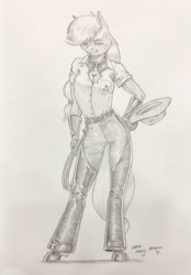 Size: 1422x2048 | Tagged: safe, artist:baron engel, character:applejack, species:anthro, species:unguligrade anthro, belt, breasts, chaps, cleavage, clothing, cowboy hat, cowgirl, cowgirl outfit, female, gloves, hat, jeans, lasso, monochrome, pants, pencil drawing, rope, solo, spurs, stetson, traditional art