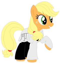 Size: 378x395 | Tagged: safe, artist:hubfanlover678, artist:selenaede, base used, character:applejack, species:earth pony, species:pony, black trousers, clothing, female, freckles, hatless, kanji, karate, mare, martial arts, missing accessory, pants, raised hoof, robe, simple background, solo, white background, white belt