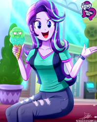 Size: 920x1160 | Tagged: safe, artist:the-butch-x, part of a set, character:starlight glimmer, equestria girls:mirror magic, g4, my little pony: equestria girls, my little pony:equestria girls, spoiler:eqg specials, :i, beanie, breasts, butch's hello, cleavage, clothing, cute, face, faec, female, food, glimmerbetes, hat, hello x, i mean i see, ice cream, ice cream cone, looking at you, mall, ripped pants, shirt, sitting, smiling, solo, that human sure does love ice cream, that pony sure does love ice cream, vest, watch, wristwatch