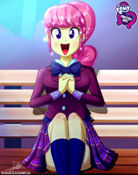 Size: 920x1160 | Tagged: safe, artist:the-butch-x, part of a set, character:diwata aino, equestria girls:friendship games, g4, my little pony: equestria girls, my little pony:equestria girls, background human, bench, bow tie, breasts, busty diwata aino, butch's hello, clothing, crystal prep academy uniform, cute, equestria girls logo, female, hello x, kneesocks, looking at you, open mouth, plaid skirt, pleated skirt, school uniform, schrödinger's pantsu, signature, sitting, skirt, smiling, socks, solo, sparkles