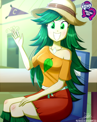 Size: 920x1160 | Tagged: safe, artist:the-butch-x, part of a set, my little pony:equestria girls, background human, bare shoulders, butch's hello, chair, clothing, cute, equestria girls logo, female, hat, hello x, jewelry, looking at you, miniskirt, necklace, off shoulder, sexy, signature, sitting, skirt, smiling, solo, sweet leaf, waving