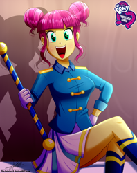 Size: 920x1160 | Tagged: safe, artist:the-butch-x, part of a set, character:majorette, character:sweeten sour, equestria girls:friendship games, g4, my little pony: equestria girls, my little pony:equestria girls, boots, breasts, busty sweeten sour, butch's hello, clothing, cute, equestria girls logo, female, hair bun, hello x, legs, looking at you, majorette, miniskirt, open mouth, pleated skirt, schrödinger's pantsu, shoes, signature, sitting, skirt, smiling, solo, sweeten sour, sweetenbetes, thighs