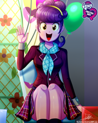 Size: 920x1160 | Tagged: safe, artist:the-butch-x, part of a set, character:suri polomare, equestria girls:friendship games, g4, my little pony: equestria girls, my little pony:equestria girls, balloon, butch's hello, chair, clothing, crystal prep academy uniform, cute, equestria girls logo, female, hello x, legs, looking at you, open mouth, plaid skirt, pleated skirt, scarf, school uniform, signature, sitting, skirt, smiling, solo, suit, suribetes, waving, when she smiles