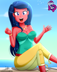 Size: 920x1160 | Tagged: safe, artist:the-butch-x, character:desert sage, equestria girls:spring breakdown, g4, my little pony: equestria girls, my little pony:equestria girls, spoiler:eqg series (season 2), background human, blue eyes, blue hair, breasts, bustier, busty desert sage, butch's hello, cleavage, crossed legs, desert sage, equestria girls logo, female, hello x, jewelry, necklace, open mouth, pearl necklace, signature, solo, waving