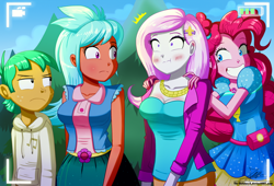 Size: 1560x1060 | Tagged: safe, artist:the-butch-x, character:fleur-de-lis, character:frosty orange, character:pinkie pie, character:snails, episode:five lines you need to stand in, g4, my little pony: equestria girls, my little pony:equestria girls, spoiler:eqg series (season 2), blushing, breasts, busty fleur-de-lis, busty frosty orange, camera, cleavage, clothing, desperation, female, geode of sugar bombs, grin, hoodie, looking back, magical geodes, male, need to pee, omorashi, potty emergency, potty time, scene interpretation, selfie drone, smiling, snails is not amused, unamused