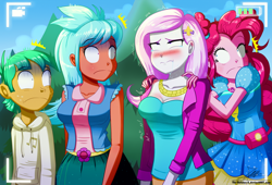 Size: 1560x1060 | Tagged: safe, alternate version, artist:the-butch-x, character:fleur-de-lis, character:frosty orange, character:pinkie pie, character:snails, episode:five lines you need to stand in, g4, my little pony: equestria girls, my little pony:equestria girls, spoiler:eqg series (season 2), accident, blushing, breasts, busty fleur-de-lis, busty frosty orange, cleavage, desperation, frown, implied wetting, need to pee, omorashi, potty emergency, potty failure, potty time, scene interpretation, wide eyes