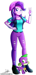 Size: 1004x2096 | Tagged: safe, artist:the-butch-x, edit, part of a set, character:spike, character:spike (dog), character:starlight glimmer, species:dog, equestria girls:mirror magic, g4, my little pony: equestria girls, my little pony:equestria girls, spoiler:eqg specials, adorasexy, beanie, breasts, clothing, commission, cute, female, hat, looking at you, peace sign, sexy, signature, simple background, smiling, solo, stupid sexy starlight glimmer, transparent background