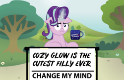 Size: 602x389 | Tagged: safe, artist:aleximusprime, edit, character:starlight glimmer, species:pony, species:unicorn, :i, change my mind, female, glowing horn, horn, i mean i see, implied cozy glow, levitation, magic, magic aura, mare, mug, solo, telekinesis