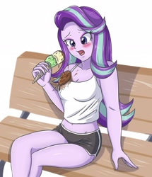 Size: 1771x2055 | Tagged: safe, artist:sumin6301, character:starlight glimmer, species:human, my little pony:equestria girls, bad day, beautiful, bench, blushing, breasts, busty starlight glimmer, cleavage, clothing, crossed legs, dropped ice cream, eating, embarrassed, eyeshadow, female, food, gym shorts, ice cream, makeup, multicolored hair, purple eyes, purple skin, sex, shiny skin, shorts, side slit, simple background, sitting, solo, stain, tank top, that human sure does love ice cream, tomboy, unlucky, white background