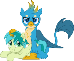 Size: 1500x1250 | Tagged: safe, artist:cloudyglow, character:gallus, character:sandbar, species:griffon, species:pony, ship:gallbar, cute, duo, gallabetes, gay, happy, interspecies, looking at you, male, movie accurate, out of context, paws, prone, sandabetes, shipping, simple background, sitting, stallion, tail, teenager, transparent background, vector