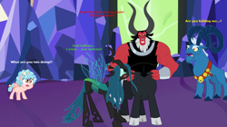 Size: 1183x663 | Tagged: safe, artist:andoanimalia, artist:cloudyglow, artist:dragonchaser123, artist:nukarulesthehouse1, artist:ponponvector, edit, character:cozy glow, character:grogar, character:lord tirek, character:queen chrysalis, species:centaur, species:changeling, species:pegasus, species:pony, species:ram, species:sheep, ship:chrysirek, bow, caption, changeling queen, cloven hooves, cozy glow is not amused, female, filly, foal, funny, hair bow, image macro, legion of doom, male, nose piercing, nose ring, piercing, shipping, straight, text, twilight's castle, vector, vector edit