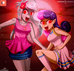 Size: 1470x1430 | Tagged: safe, artist:the-butch-x, character:bon bon, character:lyra heartstrings, character:sweetie drops, my little pony:equestria girls, blood, blood moon, clothing, dark sky, duo, fangs, moon, open mouth, red eyes, signature, tongue out, vampire