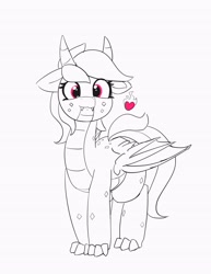 Size: 3071x3975 | Tagged: safe, artist:pabbley, character:rainbow dash, species:dracony, species:dragon, dragonified, fangs, female, floppy ears, heart, hybrid, looking at you, monochrome, neo noir, partial color, rainbow dragon, simple background, smiling, solo, species swap, white background