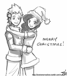 Size: 882x1000 | Tagged: safe, artist:johnjoseco, character:princess luna, character:spike, species:human, christmas, clothing, female, grayscale, hat, holiday, hug, humanized, looking at you, male, monochrome, santa hat, shipping, spiluna, straight