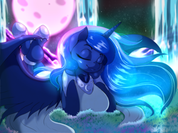 Size: 1580x1185 | Tagged: safe, artist:suirano, character:princess luna, species:alicorn, species:anthro, species:pony, species:unguligrade anthro, breasts, busty princess luna, dream, eyes closed, female, hoof shoes, luminescent, luna's dream, smiling, solo, surreal, sweet dreams fuel