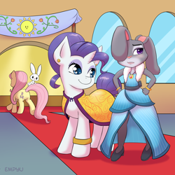 Size: 1000x1000 | Tagged: safe, artist:empyu, character:angel bunny, character:fluttershy, character:rarity, species:pony, clothing, crossover, dress, female, judy hopps, male, mare, smiling, zootopia