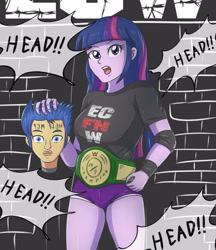 Size: 1968x2283 | Tagged: safe, artist:sumin6301, character:flash sentry, character:twilight sparkle, my little pony:equestria girls, al snow, championship belt, clothing, ecw, fake head, female, head fake, mannequin, this will end in mayhem, wwe, wwe 24/7 championship belt