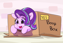 Size: 5162x3554 | Tagged: safe, artist:pabbley, character:starlight glimmer, species:pony, species:unicorn, boop box, box, cute, female, glimmerbetes, happy, imminent boop, mare, open mouth, pony in a box, smiling, solo, sweet dreams fuel, wrong eye color