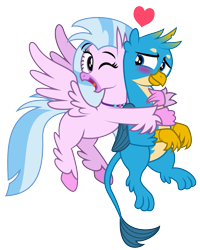 Size: 799x1000 | Tagged: safe, artist:aleximusprime, character:gallus, character:silverstream, species:bird, species:griffon, species:hippogriff, ship:gallstream, birb, blushing, crush, cute, diastreamies, female, flying, gallabetes, heart, hug, hug from behind, love, male, one eye closed, one eye open, pair, pictogram, shipping, simple background, straight, transparent background, wink