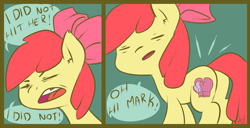 Size: 1000x510 | Tagged: safe, artist:atryl, character:apple bloom, species:pony, alternate cutie mark, apple bloom's bow, bow, comic, cutie mark, dialogue, ear fluff, eyes closed, female, hair bow, ohai mark, open mouth, parody, pun, simple background, solo, speech bubble, the room, tommy wiseau