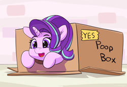 Size: 5162x3554 | Tagged: safe, artist:pabbley, edit, character:starlight glimmer, species:pony, species:unicorn, background pony strikes again, box, cute, female, glimmerbetes, happy, imminent boop, mare, op is a duck, open mouth, pony in a box, smiling, solo, wrong eye color