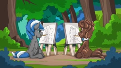 Size: 1192x670 | Tagged: safe, artist:mysticalpha, oc, oc only, oc:chocolate pony, oc:cloud zapper, species:earth pony, species:pegasus, species:pony, drawing, forest, male, stallion