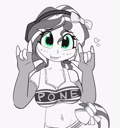Size: 2714x2883 | Tagged: safe, artist:pabbley, character:sunset shimmer, my little pony:equestria girls, adorasexy, belly button, bow, bra, breasts, clothing, cute, devil horn (gesture), evening gloves, eye clipping through hair, female, fingerless elbow gloves, fingerless gloves, gloves, hair bow, headphones, heart, hit or miss, long gloves, looking at you, neo noir, nico yazawa, panties, partial color, pone, sexy, shimmerbetes, smiling, solo, underwear