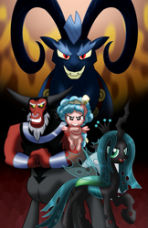 Size: 1023x1583 | Tagged: safe, artist:aleximusprime, character:cozy glow, character:grogar, character:lord tirek, character:queen chrysalis, species:alicorn, species:centaur, species:changeling, species:pony, species:ram, season 9, spoiler:s09, antagonist, changeling queen, dark, evil, evil grin, female, filly, foal, grin, horns, legion of doom, looking at you, male, mare, sinister, smiling