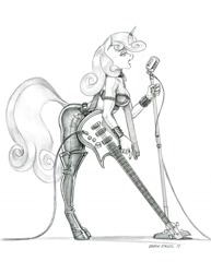 Size: 1000x1297 | Tagged: safe, artist:baron engel, character:sweetie belle, species:anthro, species:pony, species:unguligrade anthro, species:unicorn, g4, bass guitar, boots, clothing, collar, colored hooves, female, grayscale, guitar, leather pants, mare, metal belle, microphone, monochrome, musical instrument, older, older sweetie belle, pants, pencil drawing, shoes, simple background, sketch, solo, sweetie butt, thigh boots, traditional art, white background