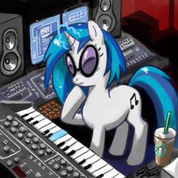 Size: 900x900 | Tagged: safe, artist:johnjoseco, character:dj pon-3, character:vinyl scratch, species:pony, species:unicorn, background pony, coffee, female, keyboard, magic, mare, musical instrument, solo, speakers, starbucks, synthesizer, telekinesis